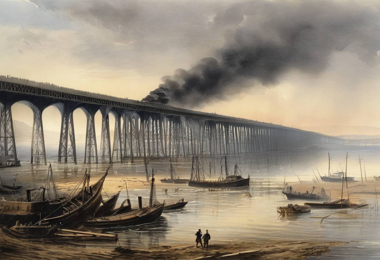 Watercolor painting based depiction of The Tay Bridge Disaster occurred when the Tay Rail Bridge collapsed during a storm as a train was crossing it, resulting in numerous fatalities. (1879)
