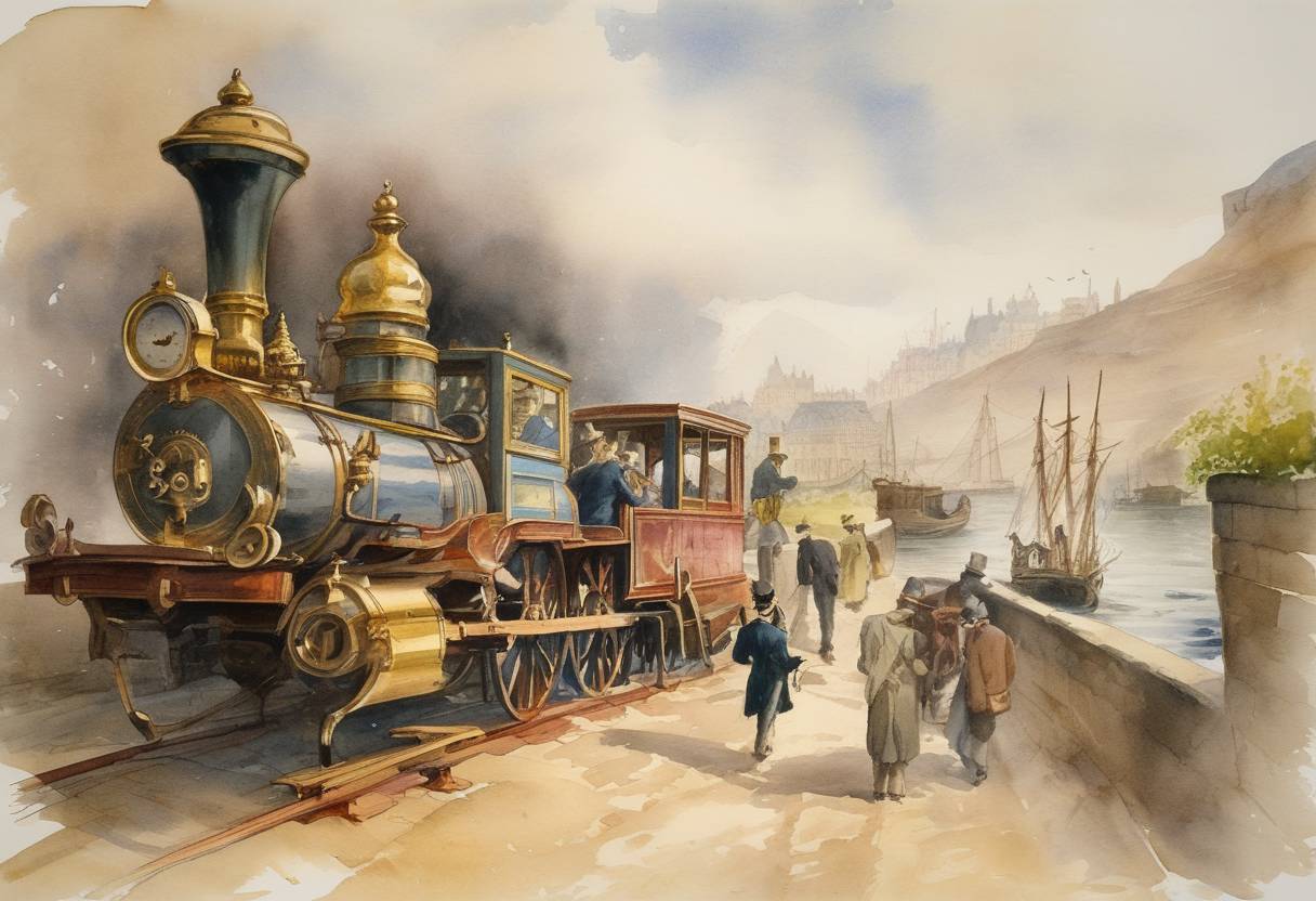Watercolor painting based depiction of Phileas Fogg's fictional journey inspired 'Around the World in Eighty Days,' as documented by the ending of his journey in Jules Verne's classic novel. (1892)