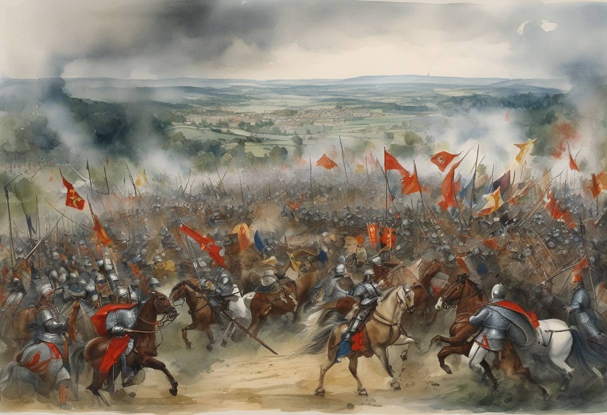 Watercolor painting based depiction of The Battle of Andernach took place, where King Louis the Younger successfully defended his kingdom against a challenge from Charles the Bald. This battle was part of the Carolingian struggle for power within the fragmented territories of the Frankish Empire. (876)