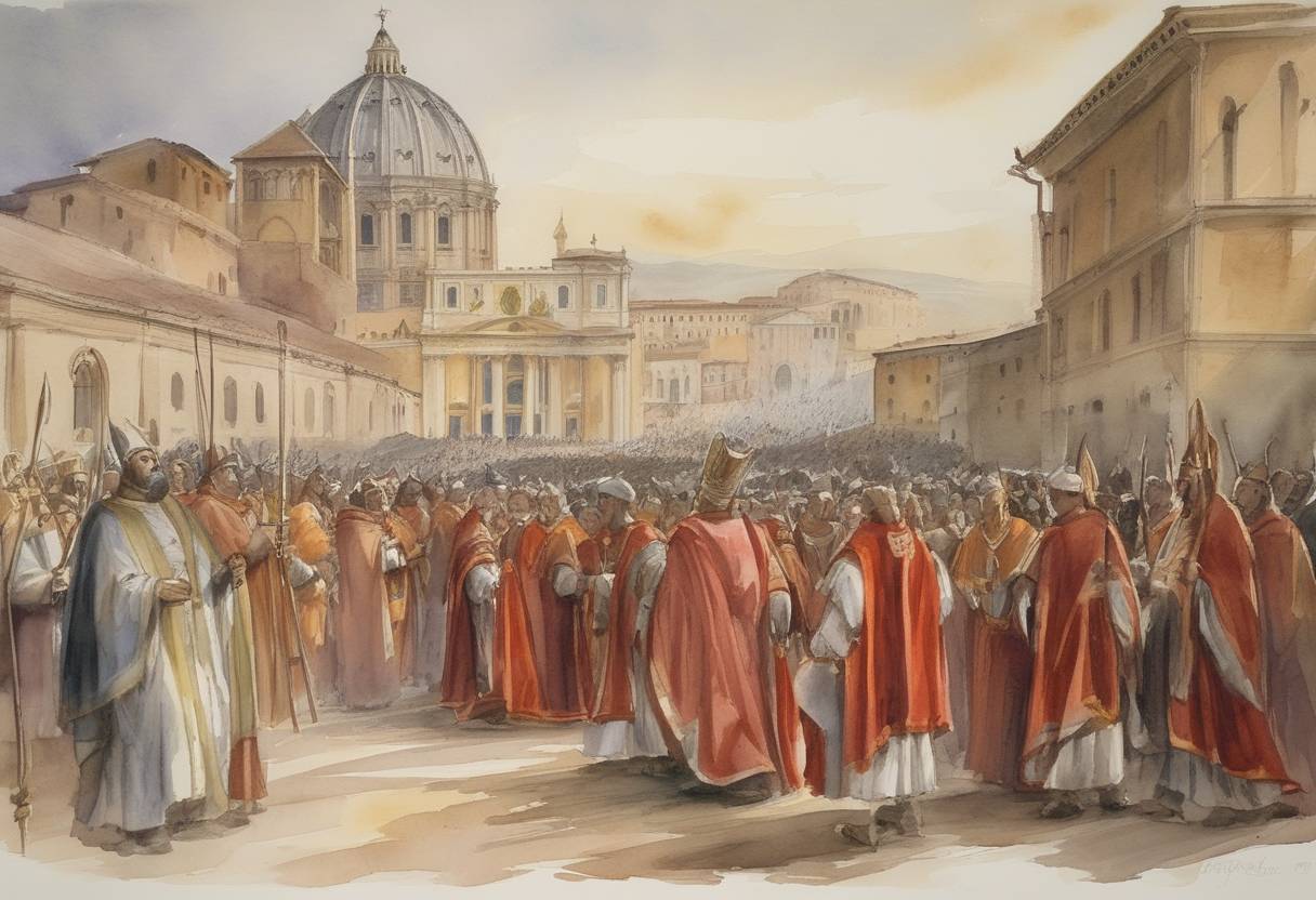 Watercolor painting based depiction of Upon the death of Pope Honorius III, the papal conclave to elect his successor began, ultimately leading to the election of Pope Gregory IX in March 1227. (1223)