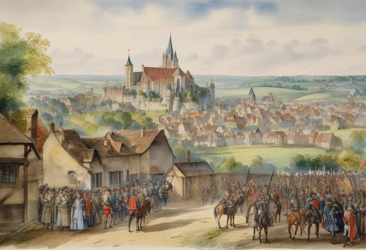 Watercolor painting based depiction of The Treaty of Cateau-Cambrésis took effective control over the city of Le Cateau-Cambrésis back to the Holy Roman Empire, concluding Italian Wars. (1559)