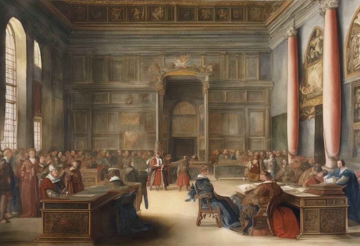 Watercolor painting based depiction of The Florentine polymath and Grand Duke of Tuscany, Cosimo I de' Medici creates the office of the Senators of the Medici. (1569)