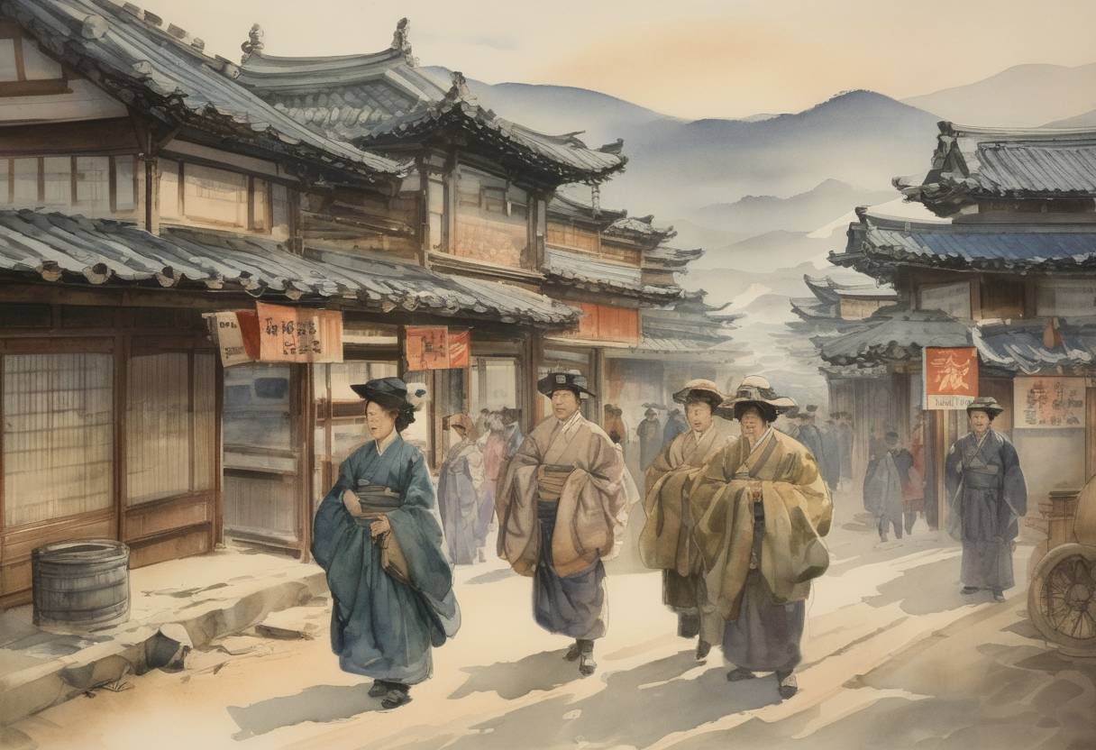 Watercolor painting based depiction of Korea was annexed by Japan with the Japan-Korea Annexation Treaty, beginning a period of Japanese rule that lasted until the end of World War II. (1910)