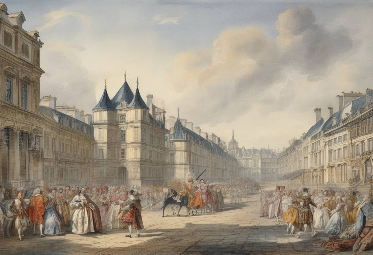 Watercolor painting based depiction of King Louis XIV of France issued the Edict of Fontainebleau, revoking the Edict of Nantes and leading to the persecution of Huguenots, many of whom fled France. (1685)