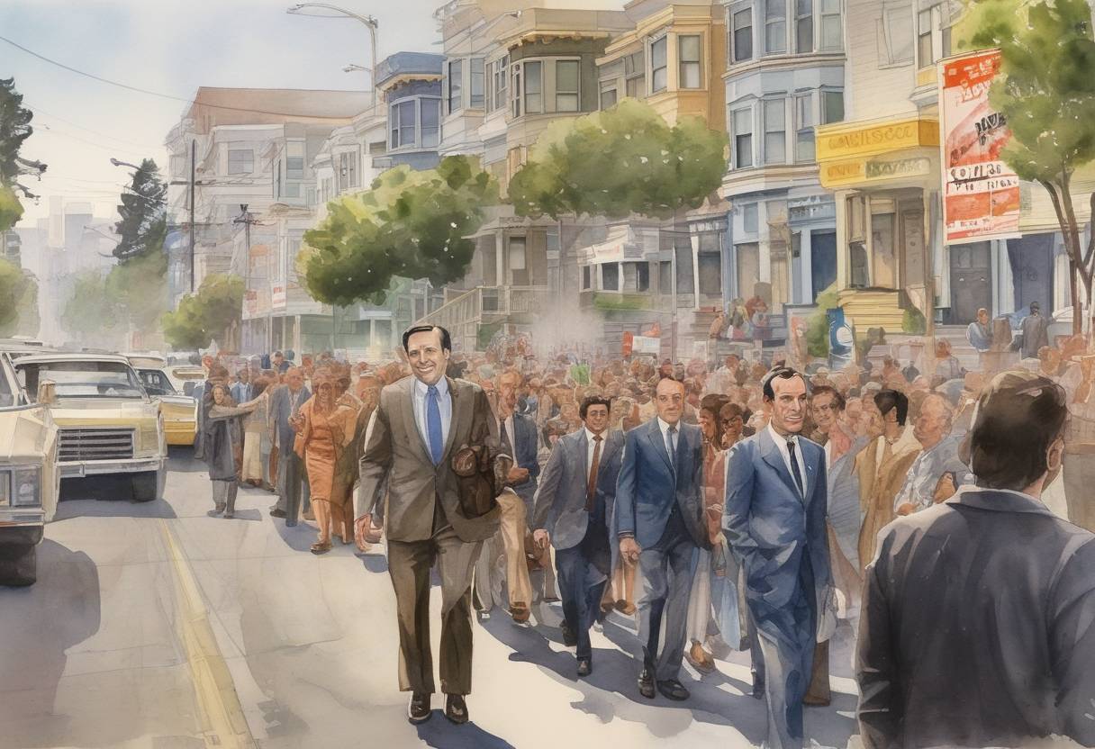 Watercolor painting based depiction of San Francisco Mayor George Moscone and Supervisor Harvey Milk were assassinated by former Supervisor Dan White, leading to significant political and social repercussions. (1978)