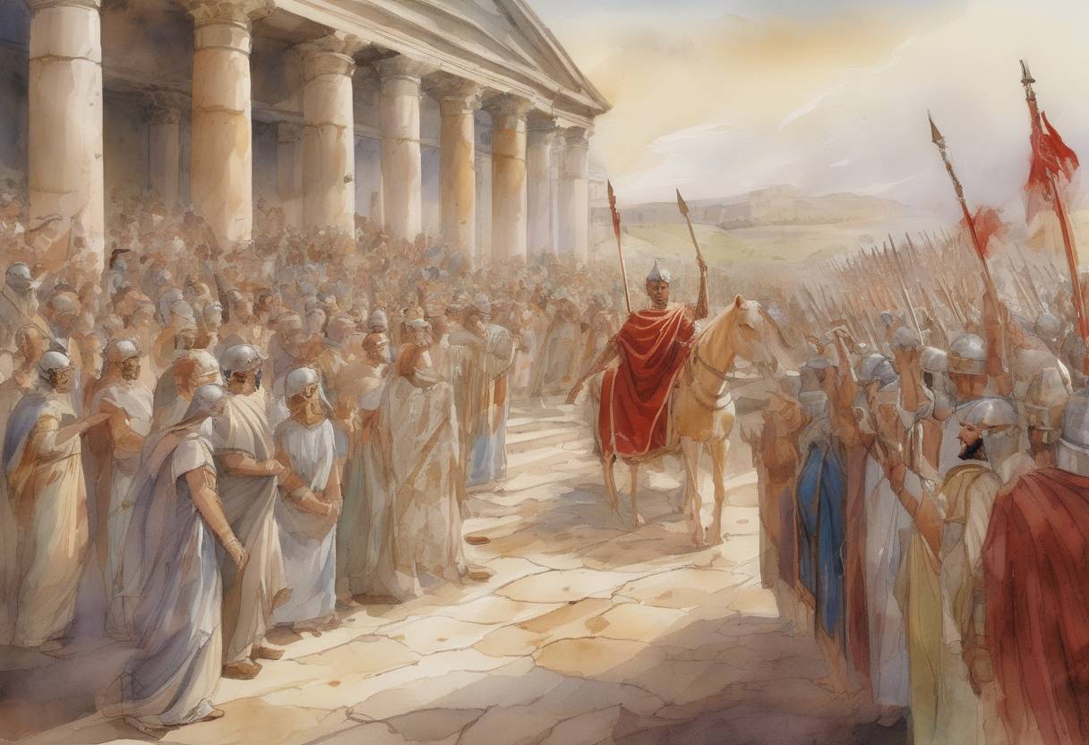 Watercolor painting based depiction of Roman Emperor Constantius II dies of fever at Mopsuestia in Cilicia, leading to the ascension of Julian the Apostate as the sole ruler of the Roman Empire. (361)