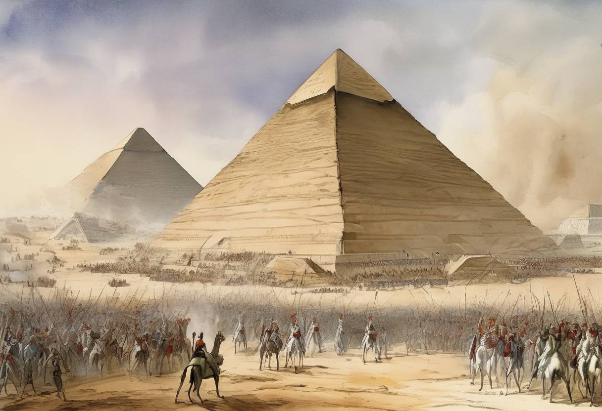 Watercolor painting based depiction of The Battle of the Pyramids took place during Napoleon Bonaparte's Egyptian campaign. French forces defeated the Mamluk rulers of Egypt, leading to French control over the region. (1798)