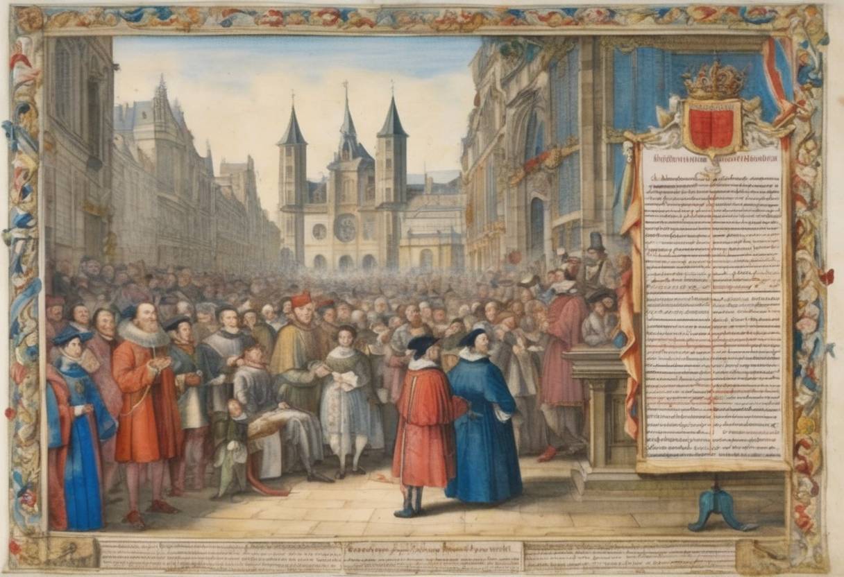 Watercolor painting based depiction of The Edict of Saint-Germain was issued, granting limited toleration to the Huguenots in France. (1562)