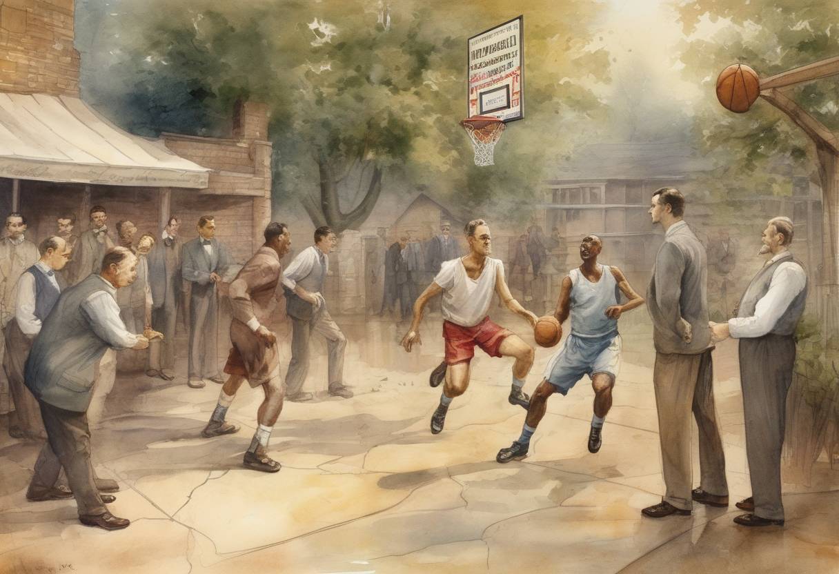 Watercolor painting based depiction of James Naismith invents the game of basketball in Springfield, Massachusetts. (1891)