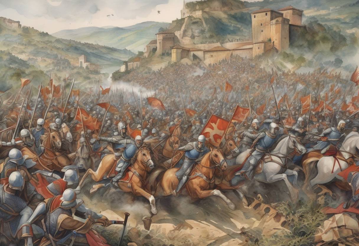 Watercolor painting based depiction of The Battle of Fiorenzuola took place between the forces of King Hugh of Italy and those of the rebellious Margrave of Ivrea, Berengar II. (934)