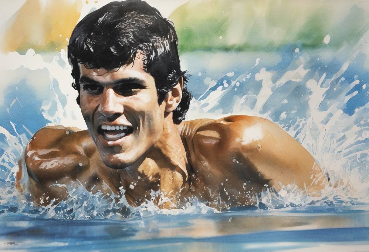 Watercolor painting based depiction of Mark Spitz won his seventh gold medal at the Munich Olympics, setting a record for the most gold medals won in a single Olympic Games. (1972)