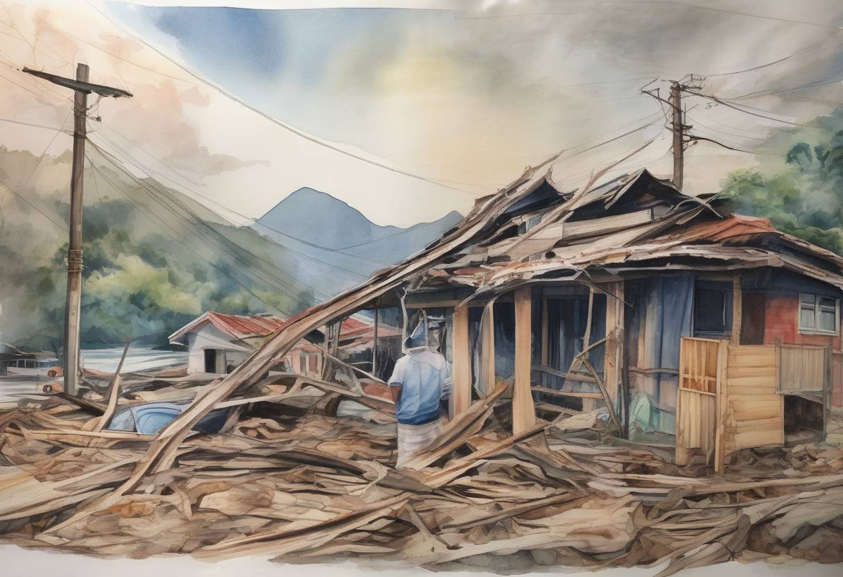 Watercolor painting based depiction of A powerful earthquake and tsunami struck the island of Sulawesi in Indonesia, causing widespread devastation and loss of life. The disaster resulted in over 4,000 deaths and significant damage to infrastructure. (2018)
