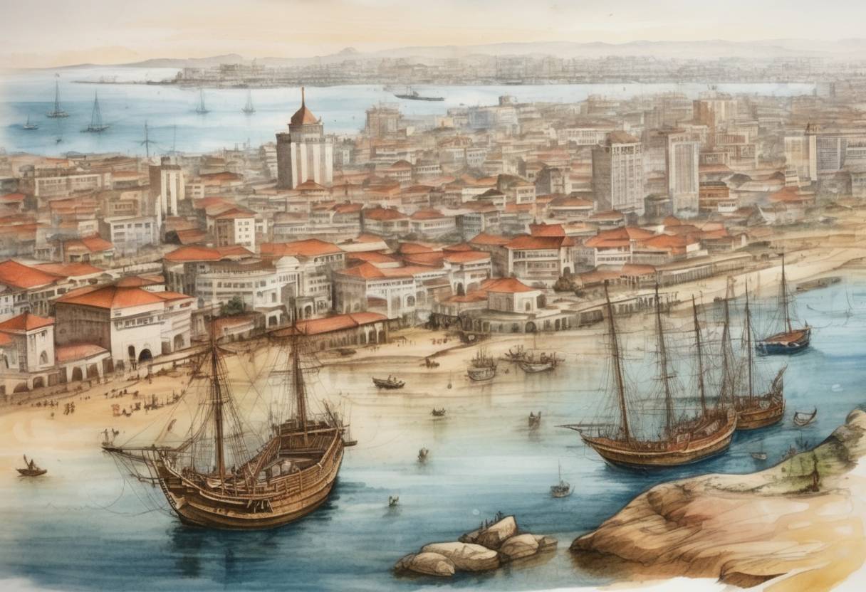 Watercolor painting based depiction of Luanda, the capital of Angola, is founded by the Portuguese navigator Paulo Dias de Novais. (1575)