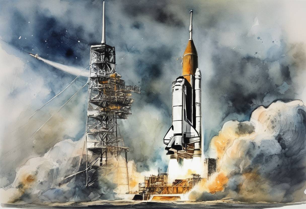 Watercolor painting based depiction of Apollo 17, the final mission of NASA's Apollo program, is launched. It is the last manned mission to the Moon. (1972)