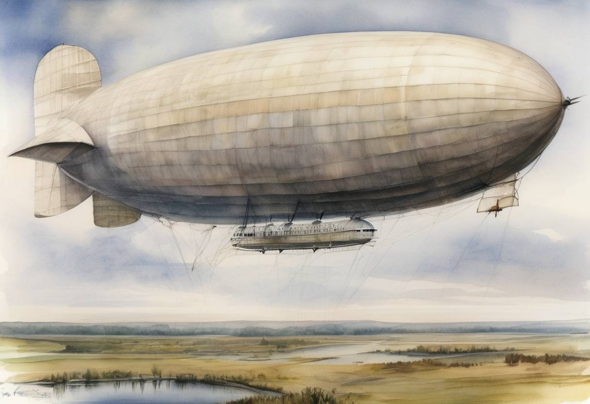 Watercolor painting based depiction of The airship Graf Zeppelin completes its first transatlantic flight, landing in Lakehurst, New Jersey. (1928)