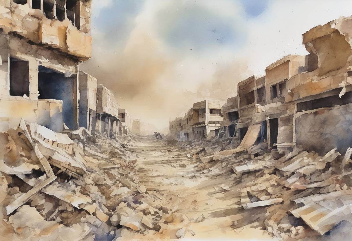 Watercolor painting based depiction of A powerful earthquake strikes the Iran-Iraq border region, killing over 600 people and injuring thousands more. (2017)