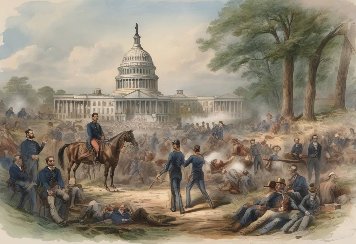 Watercolor painting based depiction of The United States Congress passed the Crittenden-Johnson Resolution, declaring that the Civil War was being fought to preserve the Union and not to end slavery. (1861)