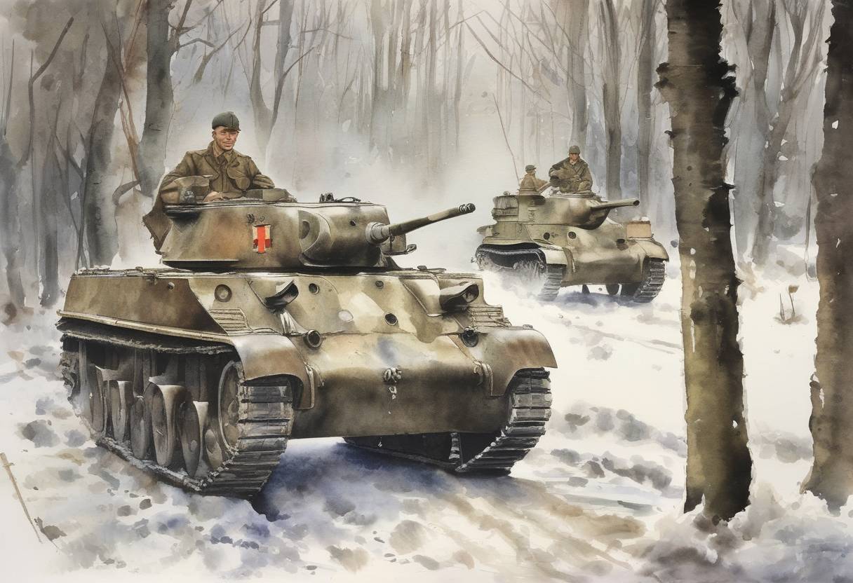 Watercolor painting based depiction of During World War II, the Battle of the Bulge saw German troops demand the surrender of American troops at Bastogne, Belgium, to which General Anthony McAuliffe famously replied, 'Nuts!' (1944)