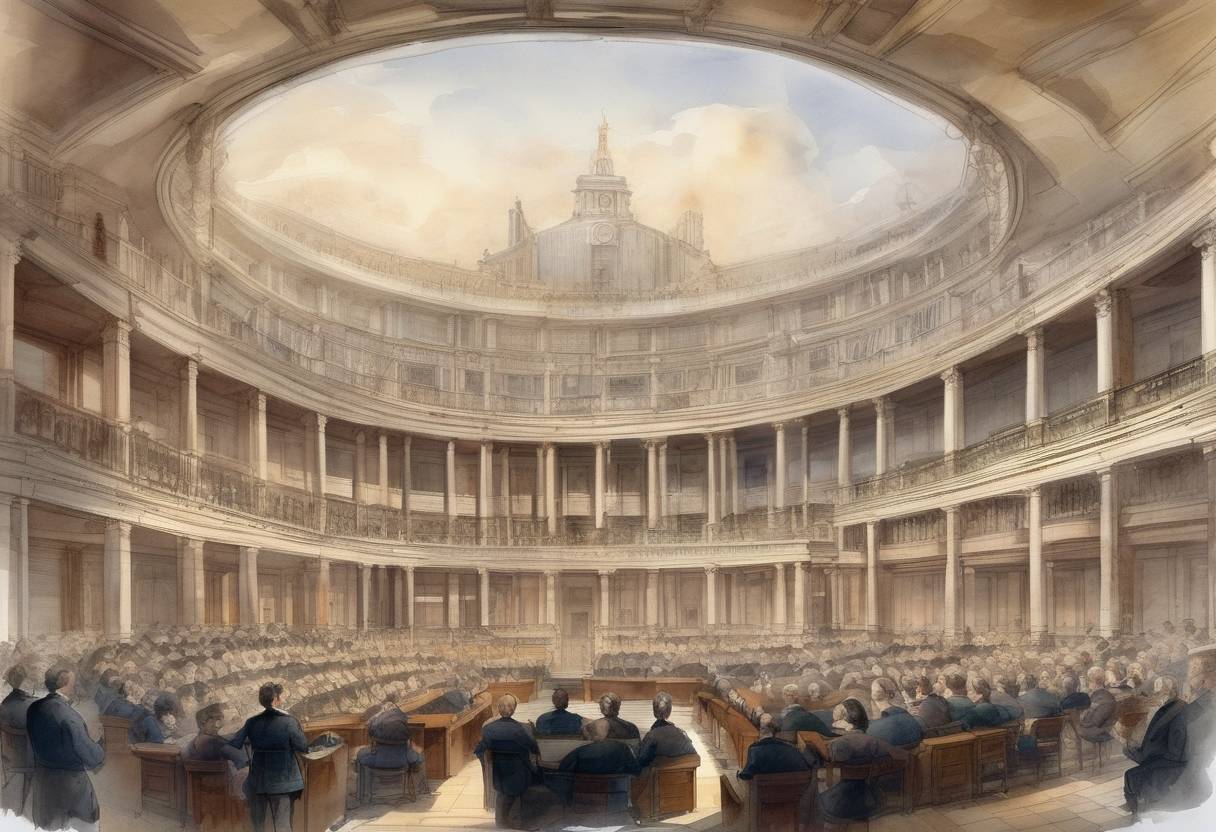 Watercolor painting based depiction of The first German National Assembly, known as the Frankfurt Parliament, convenes in Frankfurt am Main, marking a significant moment in the German unification movement. (1848)