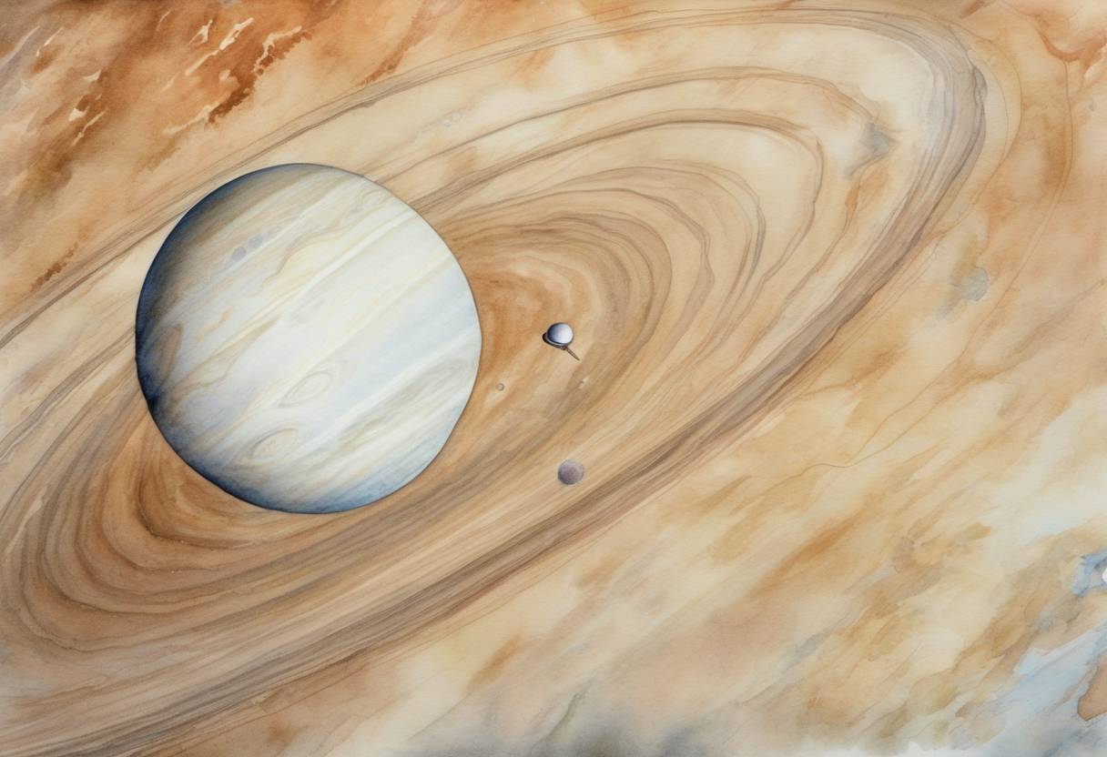 Watercolor painting based depiction of Voyager 1 makes its closest approach to Jupiter, providing detailed images and data about the planet and its moons. (1979)