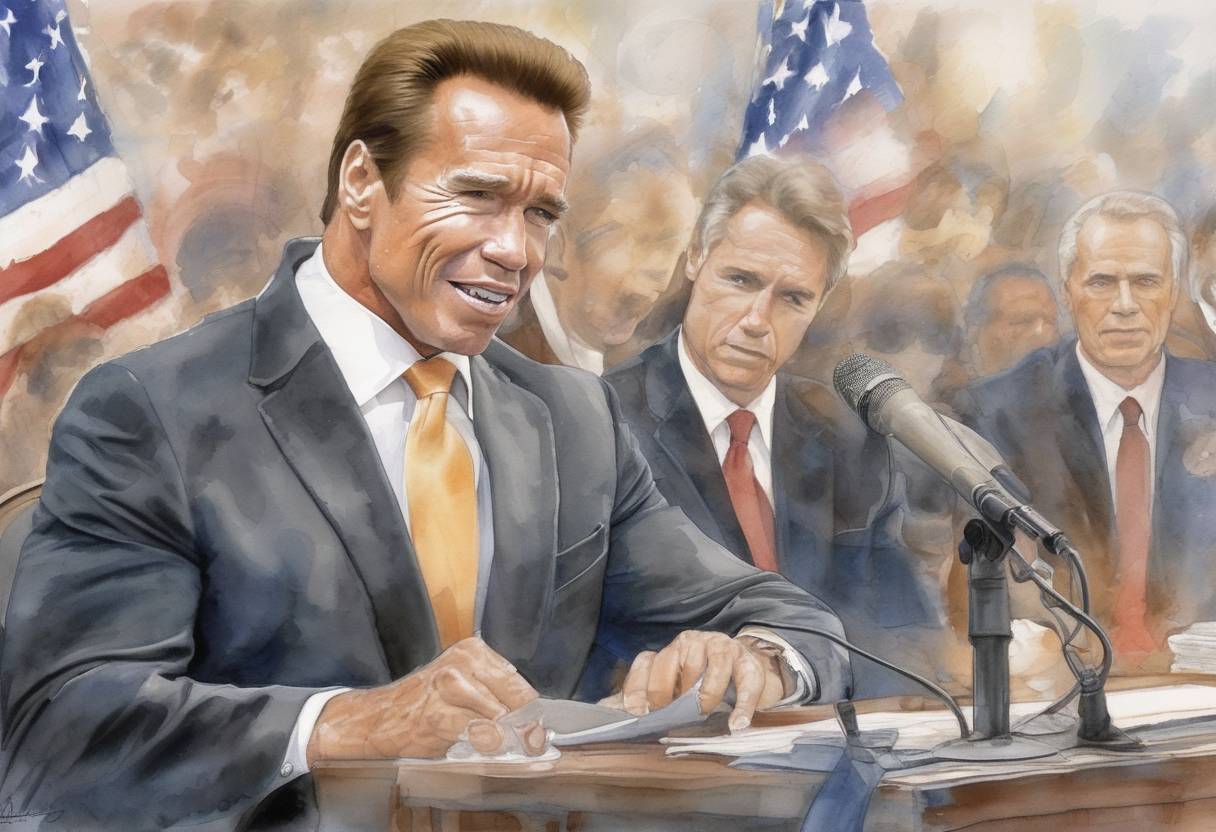 Watercolor painting based depiction of Arnold Schwarzenegger was sworn in as the 38th Governor of California. (2003)