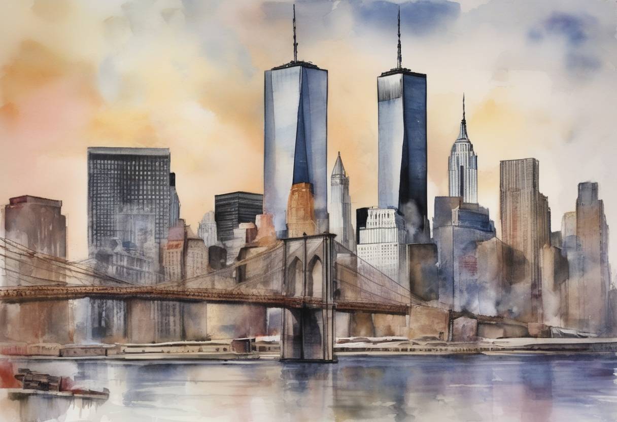 Watercolor painting based depiction of The United States commemorated the 10th anniversary of the September 11 attacks with memorials and ceremonies across the country. (2011)