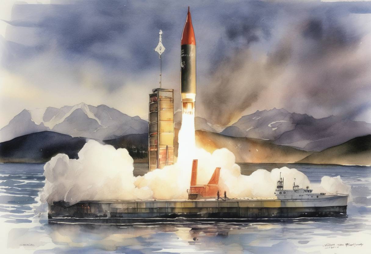 Watercolor painting based depiction of Norwegian and American scientists launch a Black Brant XII rocket, causing a Russian nuclear false alarm. (1995)