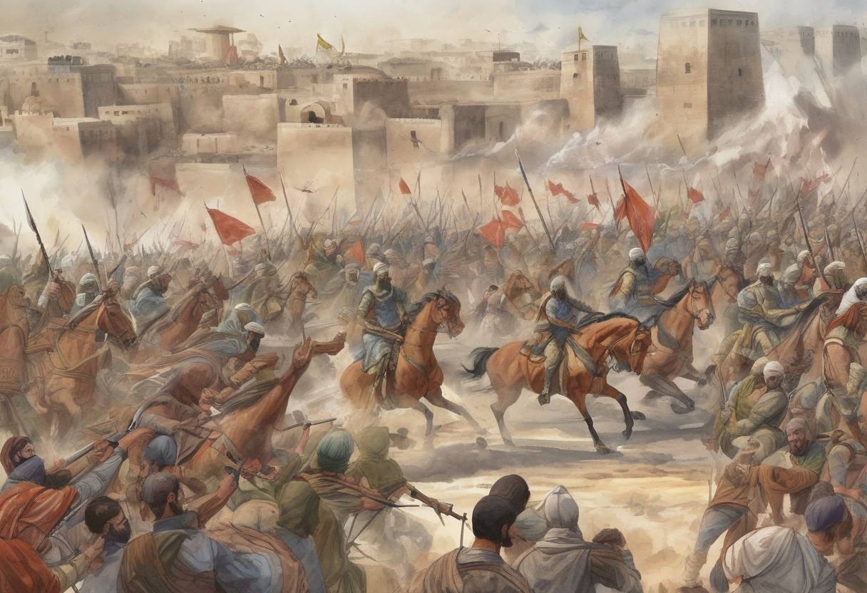Watercolor painting based depiction of The Battle of Siffin ends. This battle was fought between the forces of the fourth Caliph, Ali ibn Abi Talib, and the governor of Syria, Muawiyah I, marking a significant event in the First Fitna, the first Islamic civil war. (651)
