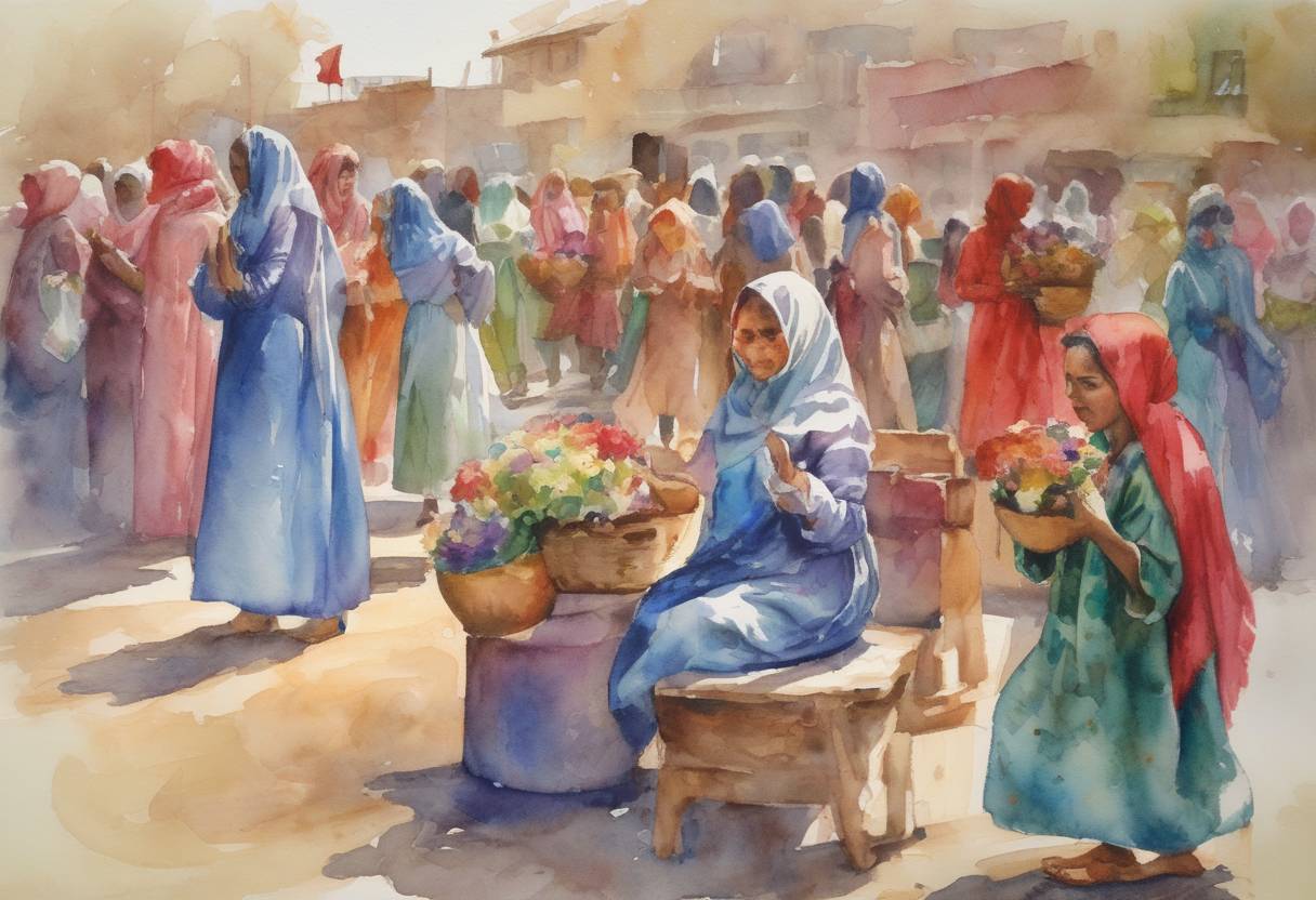 Watercolor painting based depiction of The first International Women's Day was celebrated as an official holiday in several countries, including Afghanistan, Armenia, Azerbaijan, Belarus, Burkina Faso, Cambodia, China, Cuba, Georgia, Guinea-Bissau, Eritrea, Kazakhstan, Kyrgyzstan, Laos, Madagascar, Moldova, Mongolia, Montenegro, Nepal, Russia, Tajikistan, Turkmenistan, Uganda, Ukraine, Uzbekistan, Vietnam, and Zambia. (2008)