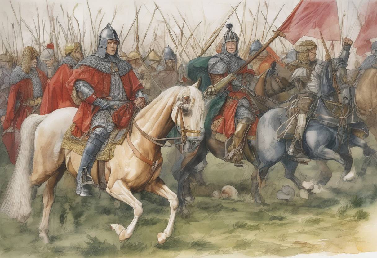Watercolor painting based depiction of James IV of Scotland was defeated and killed at the Battle of Flodden by an English army led by the Earl of Surrey. (1513)