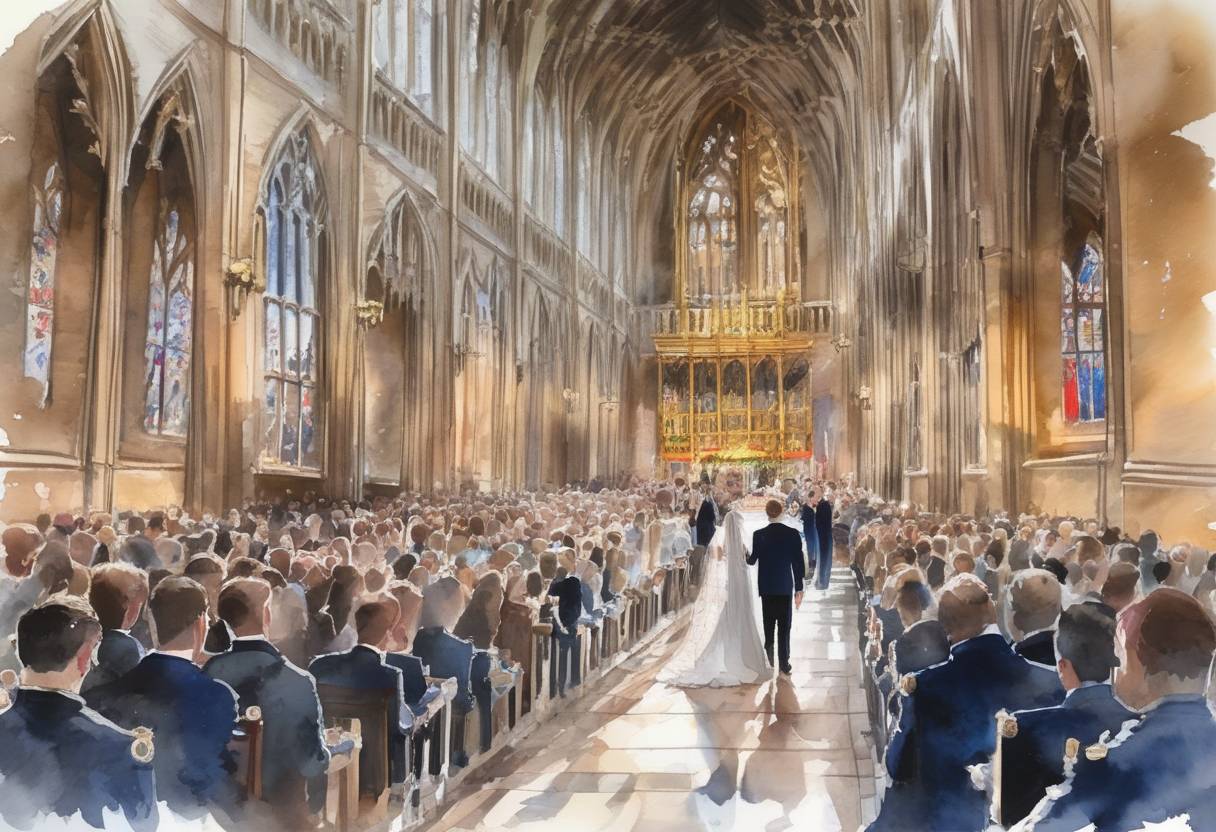 Watercolor painting based depiction of Prince Harry and Meghan Markle were married at St George's Chapel, Windsor Castle, in a ceremony watched by millions worldwide. The event was notable for its blend of British royal tradition and modern elements. (2018)