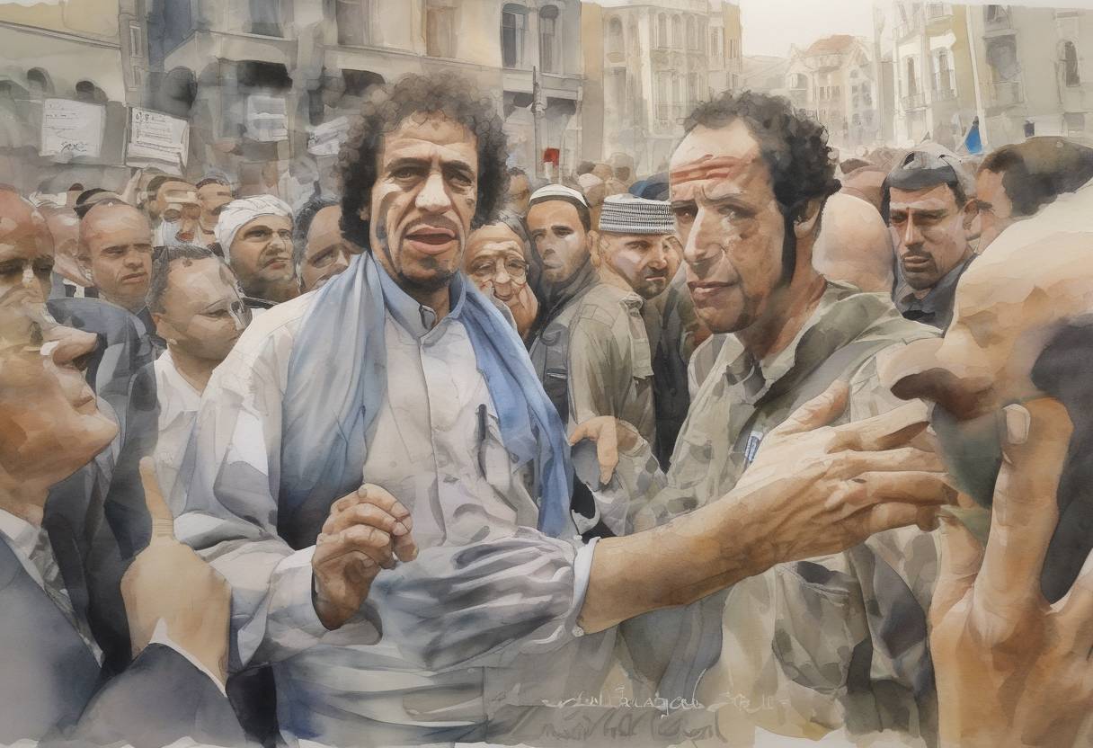 Watercolor painting based depiction of The European Union imposes sanctions on Libya in response to the violent crackdown on anti-government protests by Muammar Gaddafi's regime. (2011)