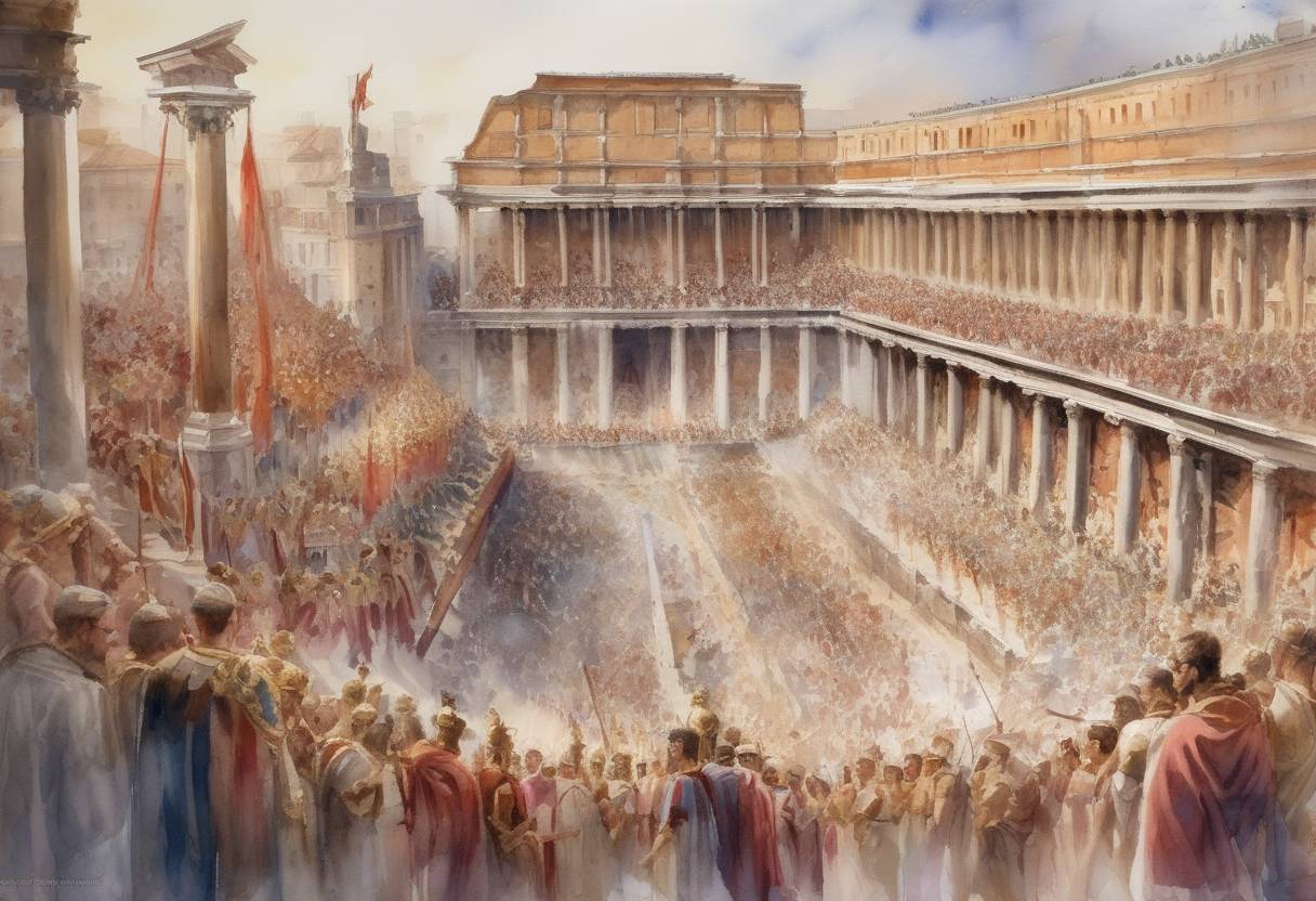 Watercolor painting based depiction of Valentinian III is elevated to Roman Emperor at the age of six. (425)