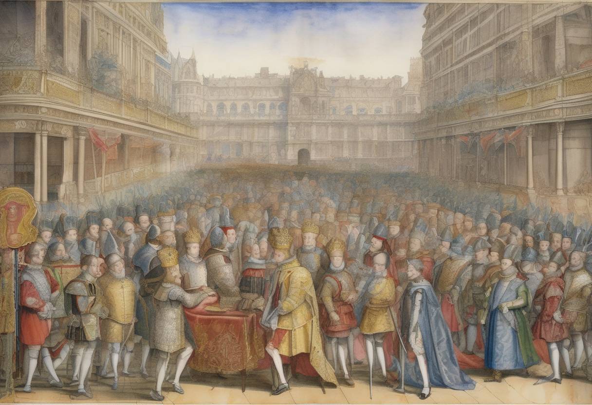 Watercolor painting based depiction of Henry III became King of France following the death of his brother, Charles IX. (1574)