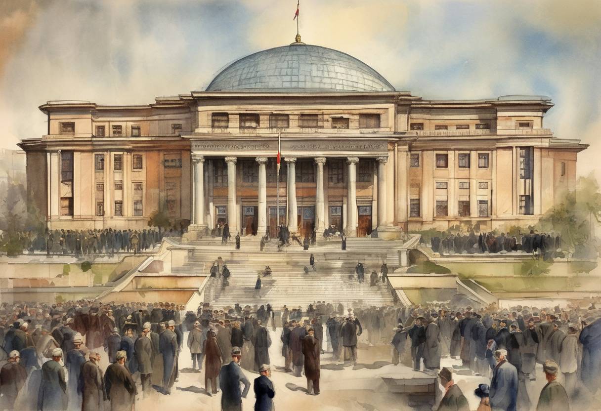 Watercolor painting based depiction of The Grand National Assembly of Turkey was founded in Ankara, marking the start of the Turkish War of Independence. (1920)