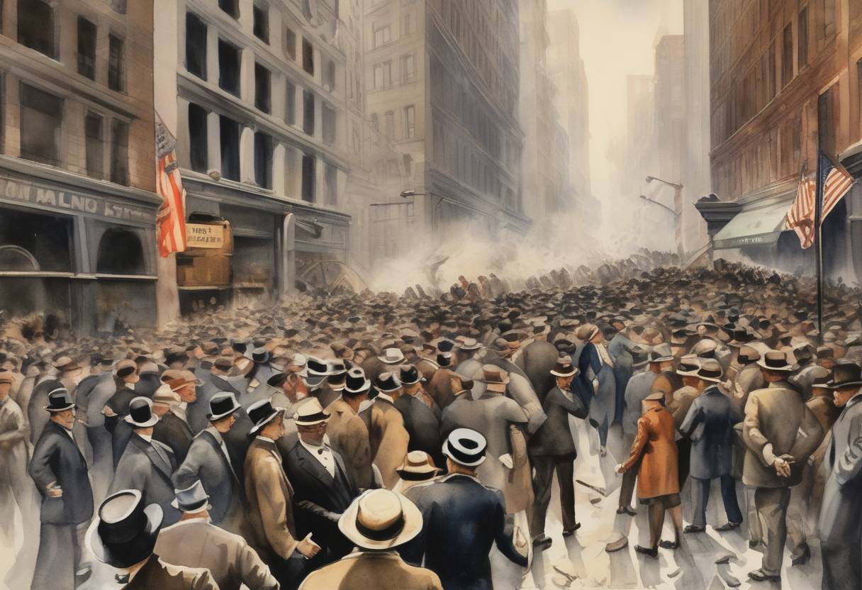 Watercolor painting based depiction of The Wall Street Crash of 1929, also known as Black Tuesday, occurred, leading to the Great Depression. (1929)