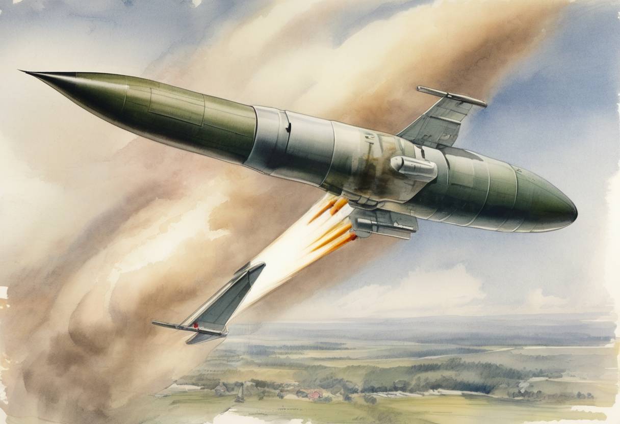 Watercolor painting based depiction of Germany conducted the first successful test flight of the V-2 rocket, the world's first long-range guided ballistic missile, marking a significant advancement in rocket technology. (1942)