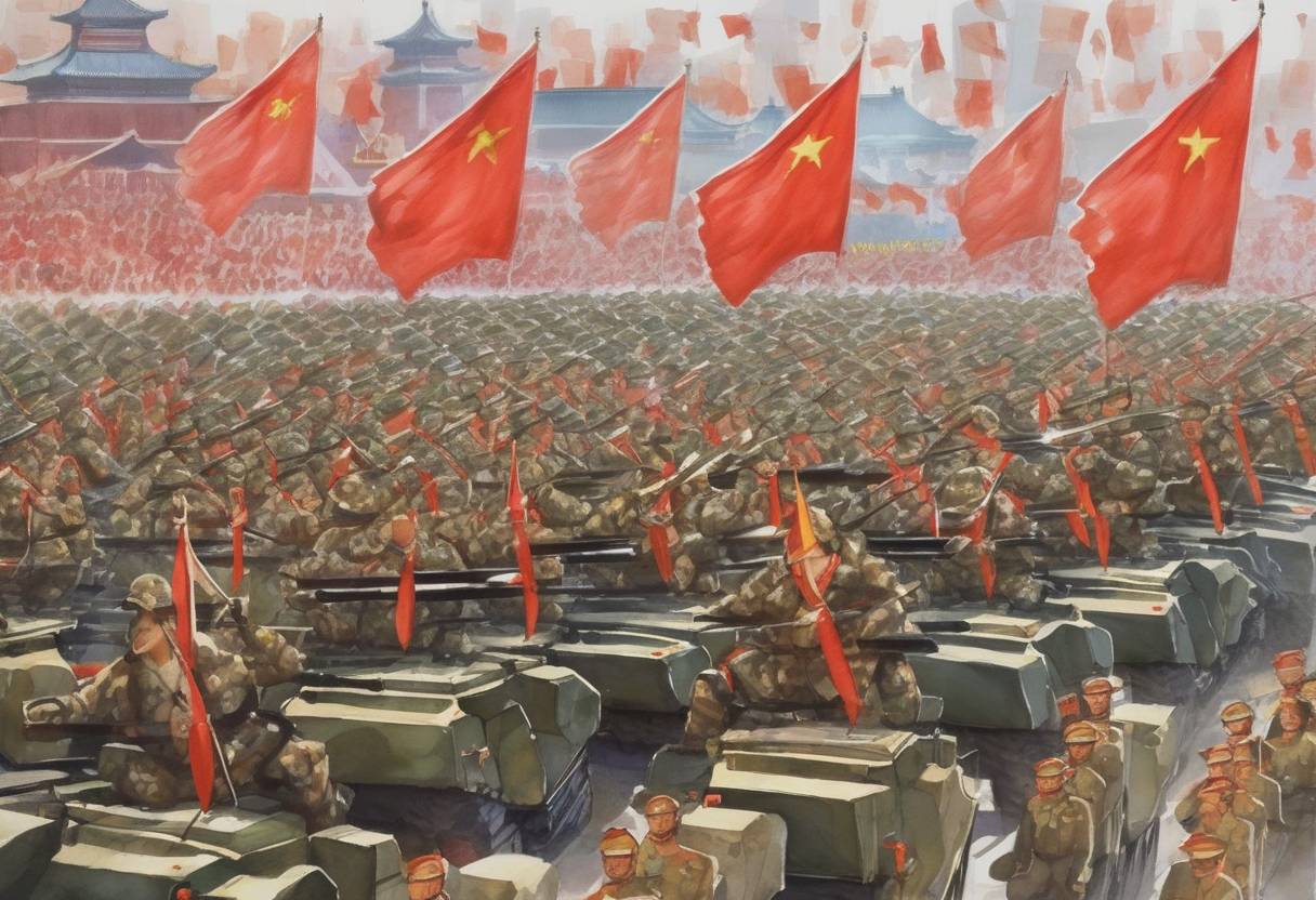 Watercolor painting based depiction of The People's Republic of China celebrated its 60th anniversary with a massive military parade in Beijing, showcasing its growing military capabilities and national pride. (2009)