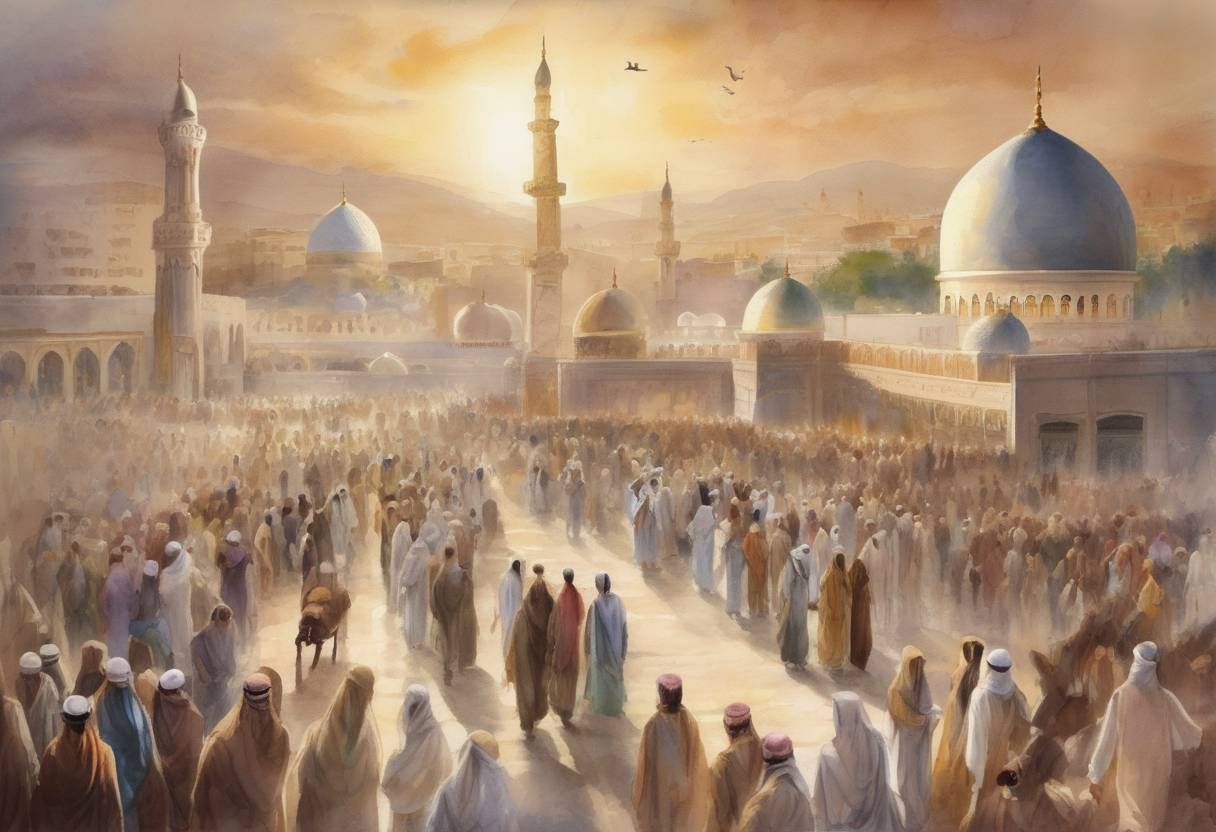 Watercolor painting based depiction of The Prophet Muhammad completed his Hijra (migration) from Mecca to Medina, marking the beginning of the Islamic calendar (1 AH). (622)