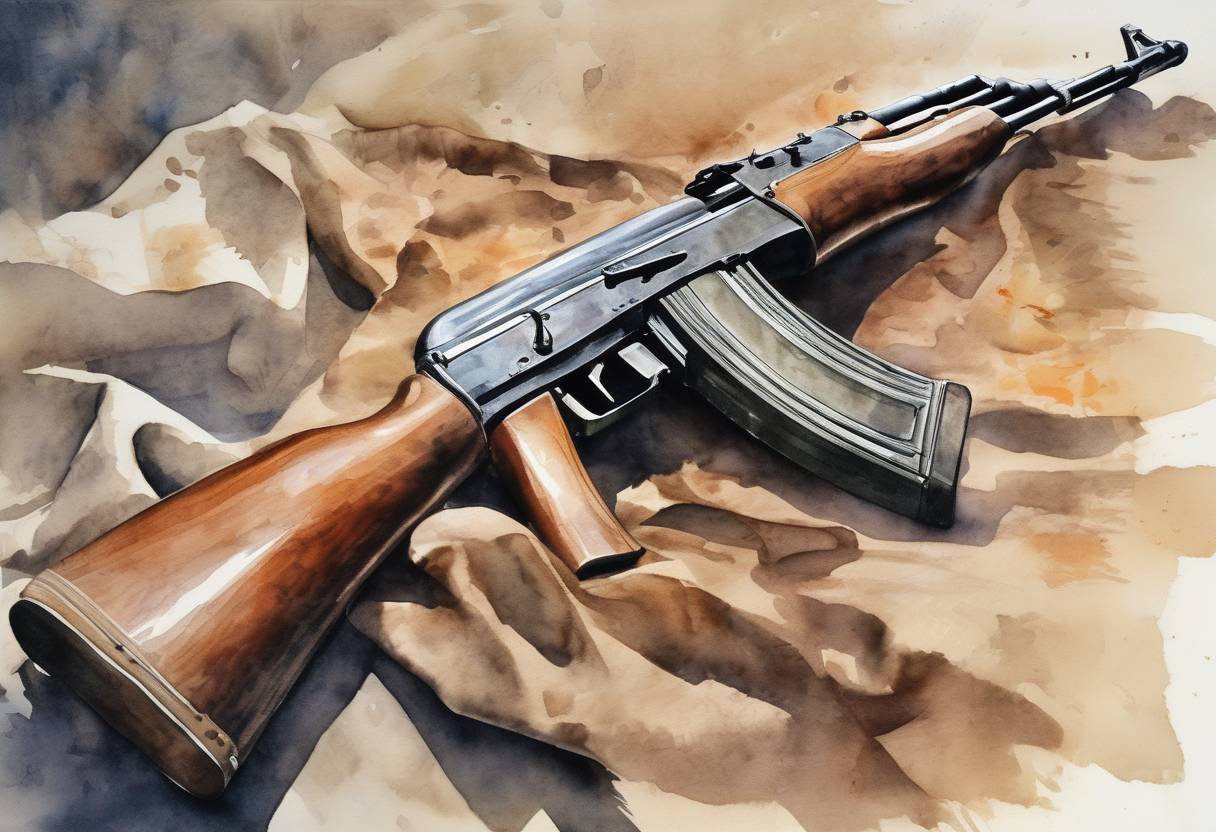 Watercolor painting based depiction of The Soviet Union completed the development of the AK-47, one of the most widely used assault rifles in the world. (1947)