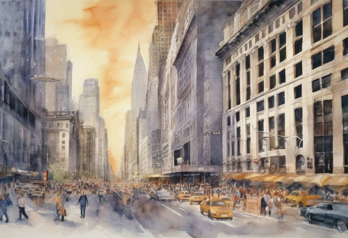 Watercolor painting based depiction of The Dow Jones Industrial Average closed above the 10,000 mark for the first time in its history, signaling a period of economic growth and optimism in the United States. (1999)