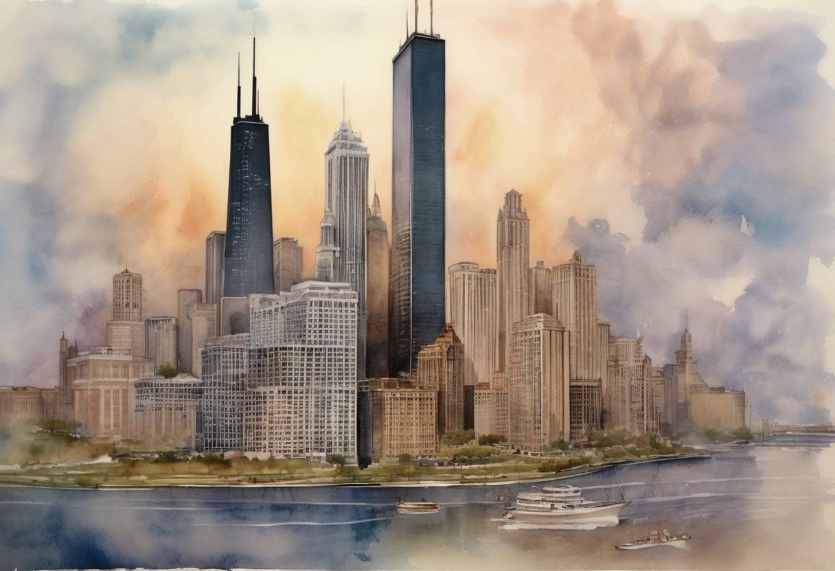 Watercolor painting based depiction of The first cellular network was launched in Chicago by Ameritech, marking a significant milestone in telecommunications. (1983)