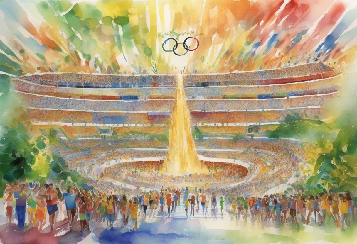 Watercolor painting based depiction of The opening ceremony of the 2016 Summer Olympics was held in Rio de Janeiro, Brazil, marking the first time the Olympics were hosted in South America. (2016)