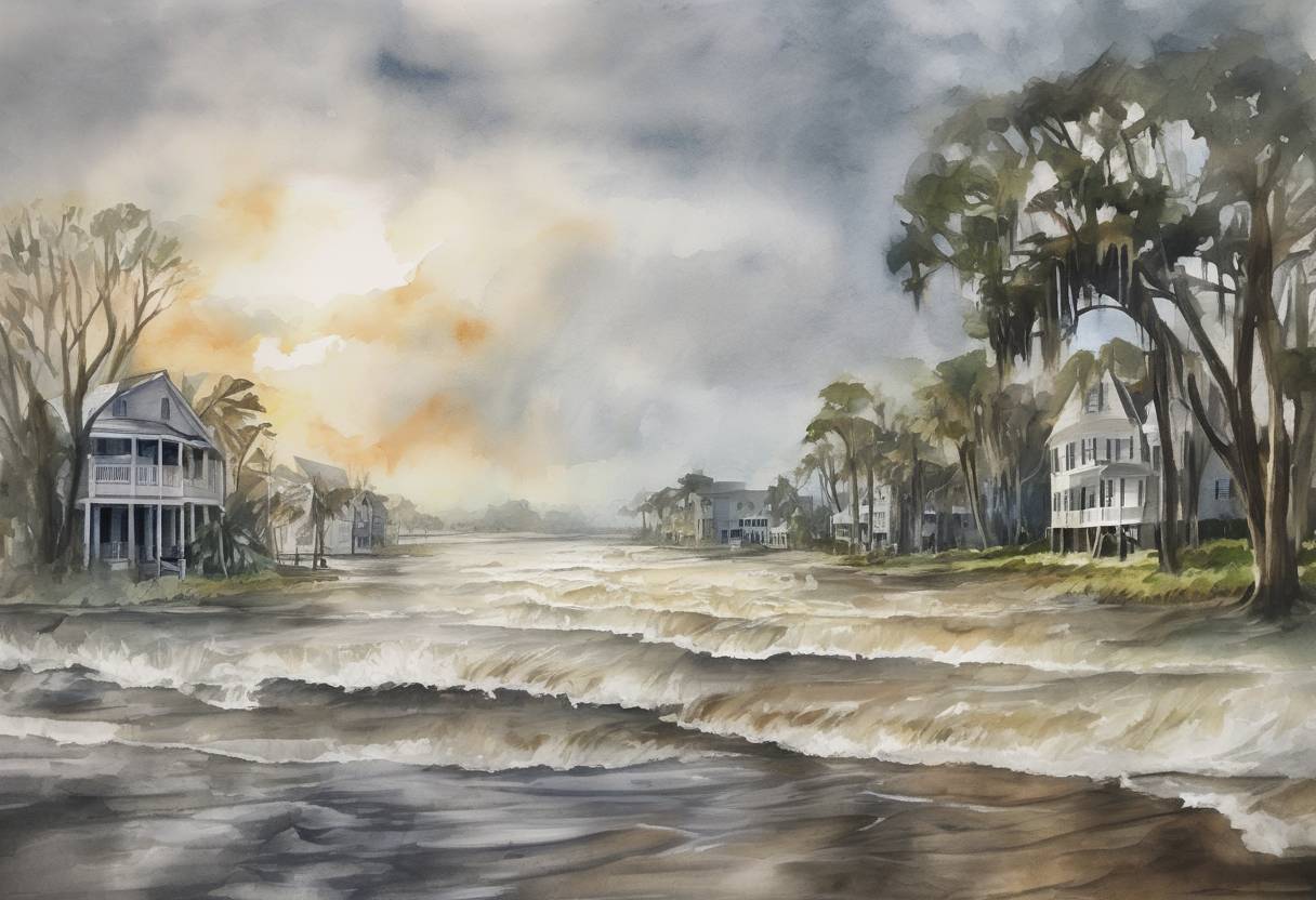 Watercolor painting based depiction of Hurricane Matthew makes landfall in South Carolina, causing widespread flooding and damage along the southeastern coast of the United States. (2016)