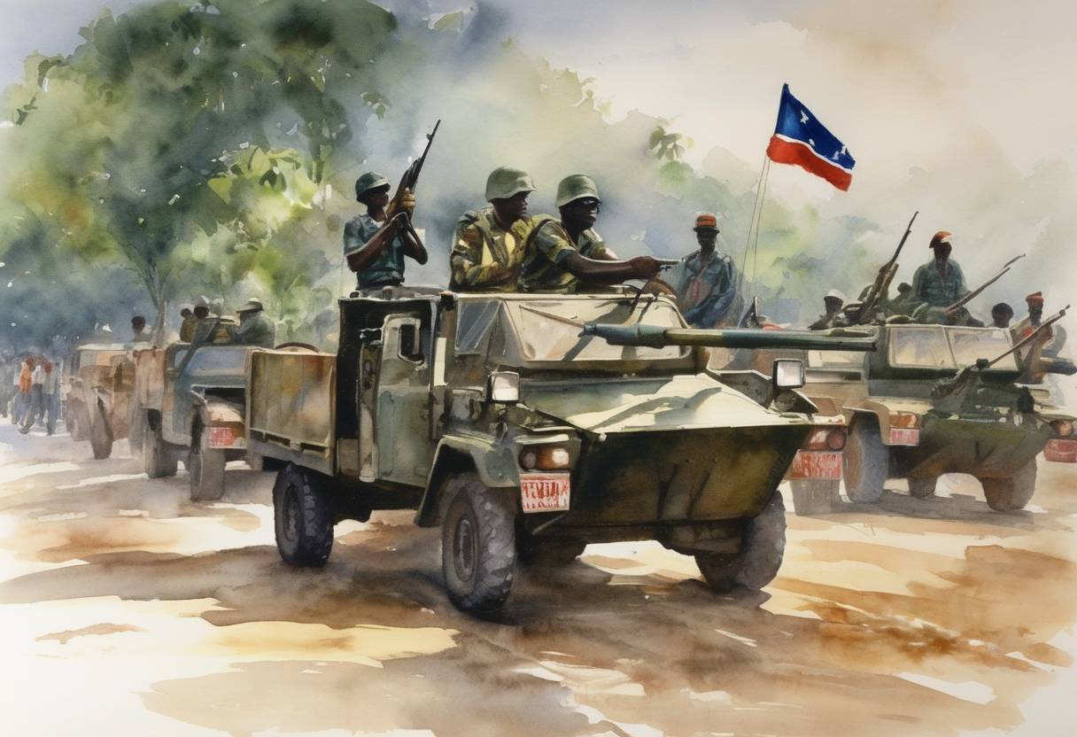 Watercolor painting based depiction of Rebel forces led by the National Patriotic Front of Liberia captured the capital city, Monrovia, during the First Liberian Civil War. (1992)