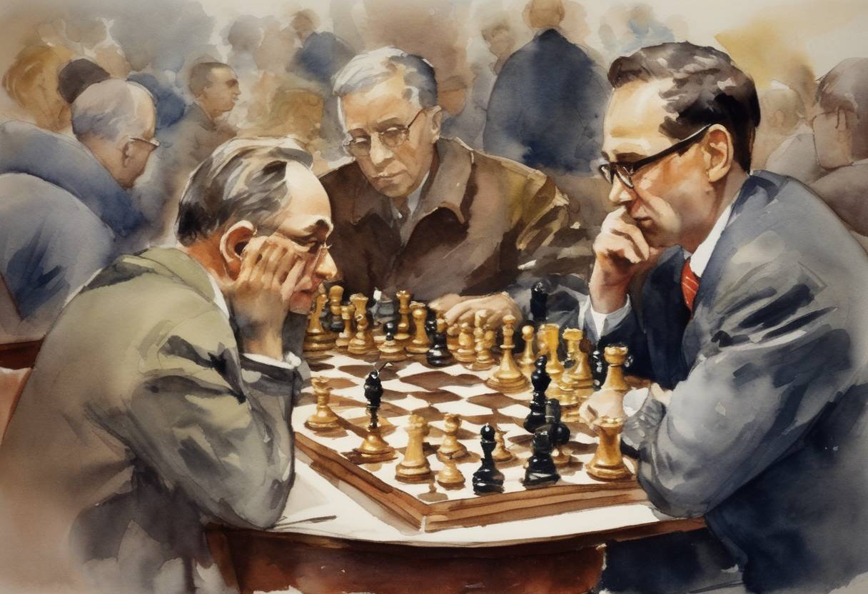 Watercolor painting based depiction of As the 1956 World Chess Championship match concluded in Moscow, Soviet chess master Mikhail Botvinnik retained his title against challenger Vasily Smyslov. (1956)