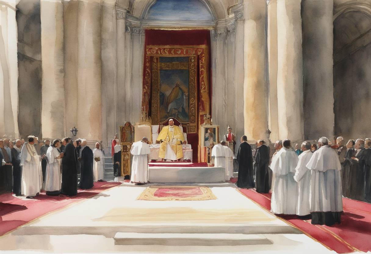 Watercolor painting based depiction of Pope-elect Stephen is consecrated as a pope, but dies three days later, leading to debate about whether he should be considered a pope in the official papal lists. (752)