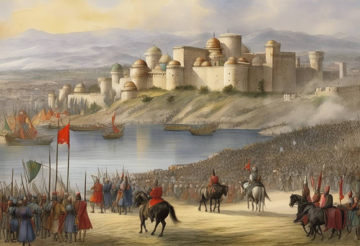 Watercolor painting based depiction of The Empire of Trebizond surrenders to forces of the Sultan Mehmed II, marking the end of the empire and the last remnant of the Byzantine Empire. (1461)
