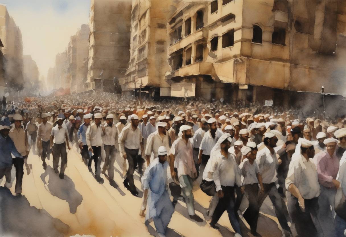 Watercolor painting based depiction of The beginning of the most intense marching along al-Ahram in Giza occurs as part of the Egyptian revolution calling for political reform. (2011)