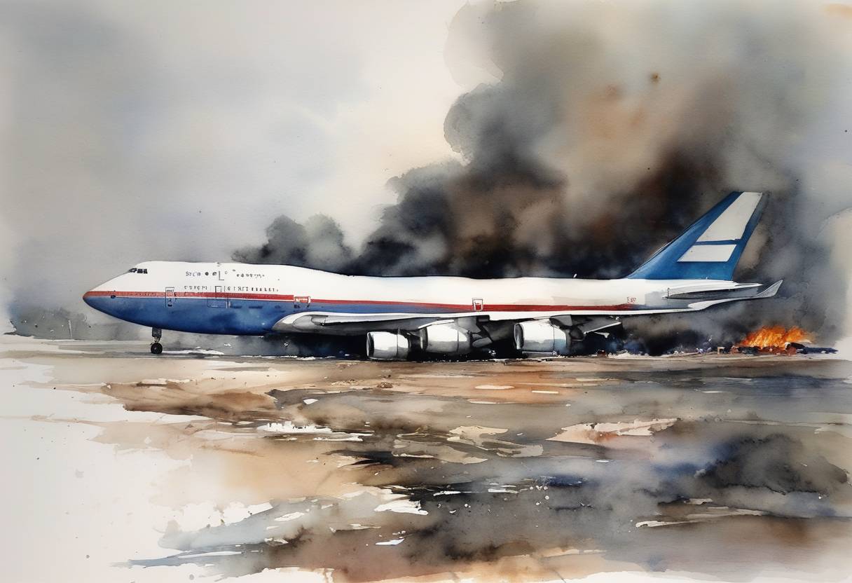 Watercolor painting based depiction of A Boeing 747 crashed shortly after takeoff from the JFK International Airport, killing all 230 people on board. The crash was later attributed to an explosion in a fuel tank. (1996)